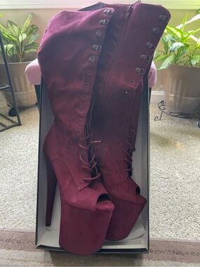 Pleaser Peep Toe Burgundy knee high boots Size 9